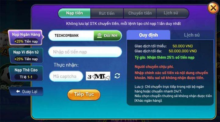 Nạp tiền qua Ngân hàng vào Vinh club